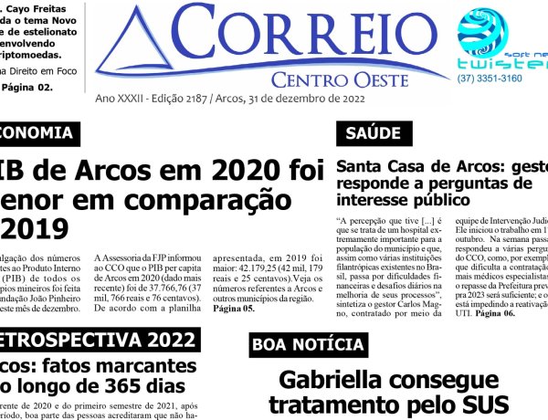 Principais manchetes do Jornal Correio Centro Oeste - Edição 2187 de 31/12/2022