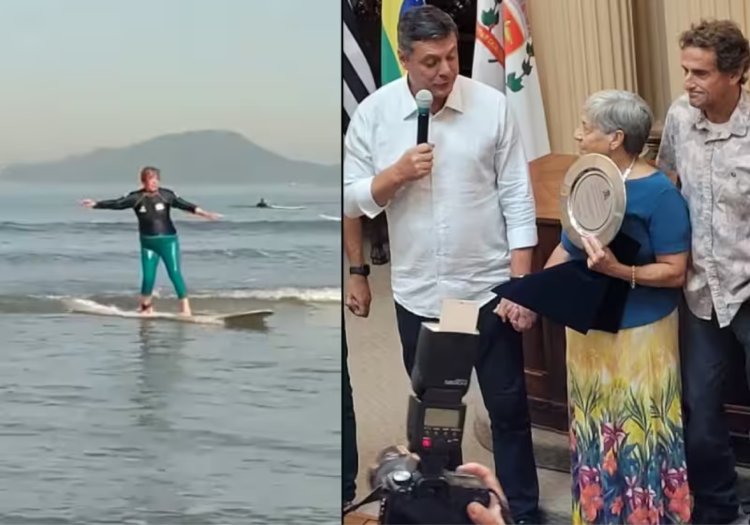 Surfista brasileira de 80 anos é homenageada pela cidade de Santos (SP)