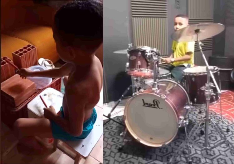 Menino que improvisa bateria com tijolos ganha aula de música. ‘Muito feliz’