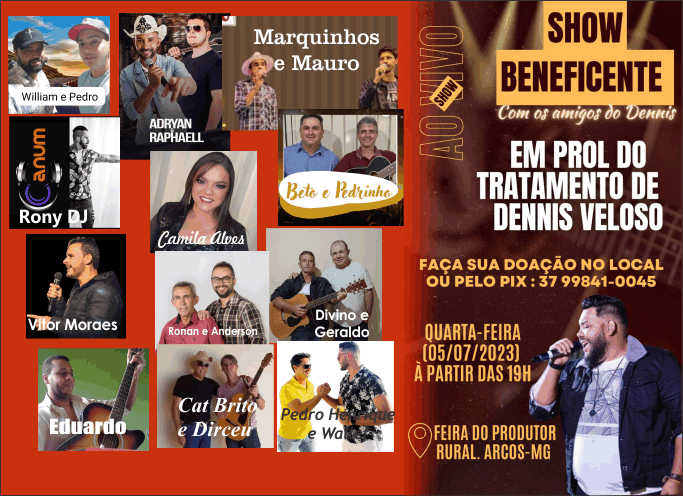 Show beneficente para Dennis Veloso reúne 20 músicos na ‘Feirinha’ de Arcos