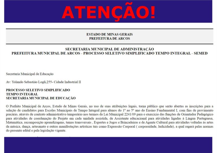 Seleção para trabalhar no ‘Ensino Integral’ em Arcos: inscrições somente amanhã e sábado