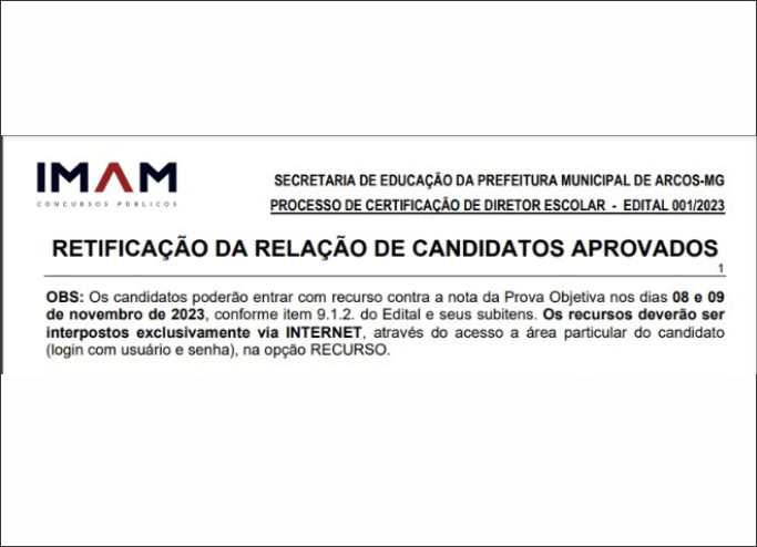 Certificação de diretor escolar em Arcos: IMAM publica retificação dos candidatos aprovados 