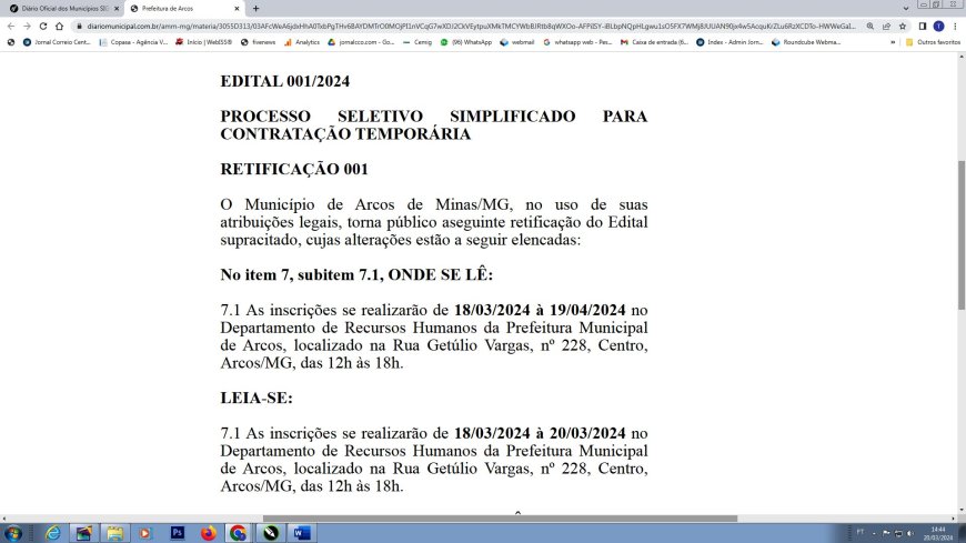 Até hoje (20/03): Prefeitura de Arcos retifica data limite para inscrição em processo seletivo